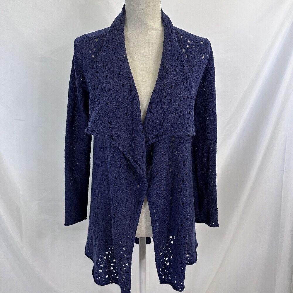 $328 Eileen Fisher 100% Merino Wool Waterfall Cardigan Open Knit Navy Blue PP